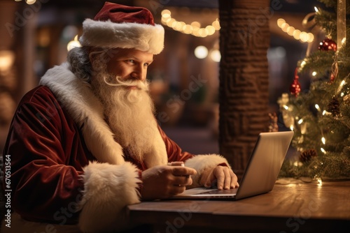 Christmas is sitting and using a modern laptop computer. Santa is traveling online Communicate with customers