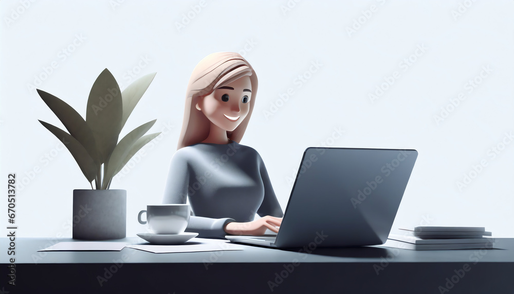 3d render character of a woman hands typing keyboard on laptop computer, plant, coffee, papers, phone, Isolated on white background 3d render character of a woman hands typing keyboard on laptop computer, plant, coffee, papers, phone, Isolated on white background