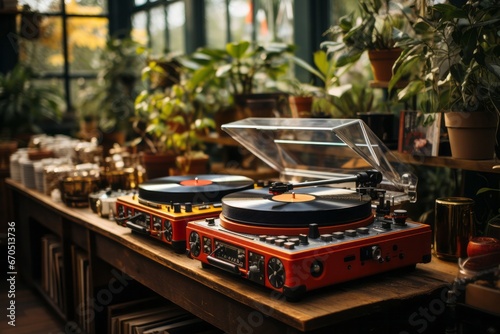 Coffee shop's vintage record player and vinyl collection, Generative AI © Shooting Star Std