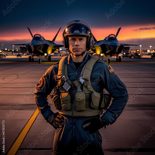 young proud pilot stands in front of his F 35 fighter plane, AI generated