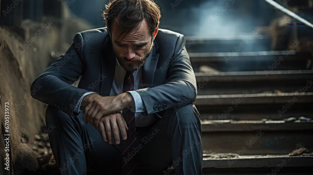Sad Businessman in depression sitting alone. isolated on a blurry background at night.