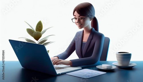 3d render character of a woman hands typing keyboard on laptop computer, plant, coffee, papers, phone, Isolated on white background