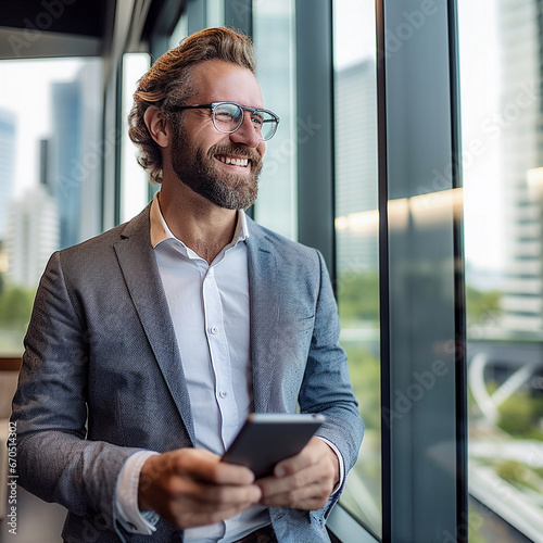 business people working and discussing in a modern office using smartphones laptops and tablets, ai generated