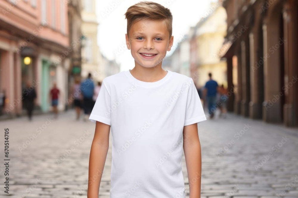 White blank t shirt mock up. Boy street background White blank t shirt mock up. Boy street background
