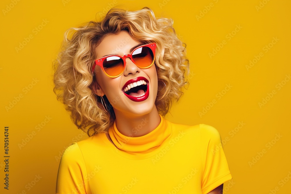 Blond young happy woman laughing wearing 80s fashion in Stylish woman posing as supermodel on yellow background - obrazy, fototapety, plakaty 