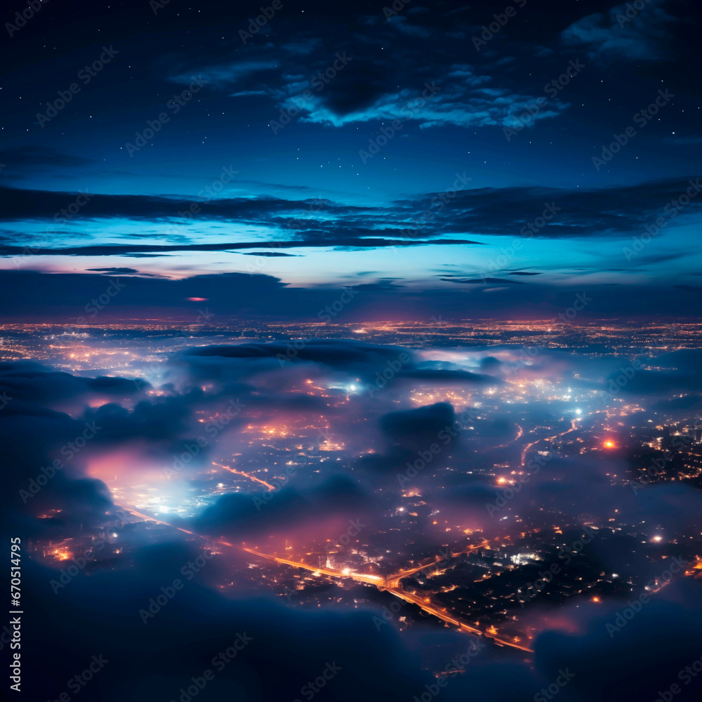 Urban city area at night seen from high above. Aerial or drone view of a metropolitan area. 