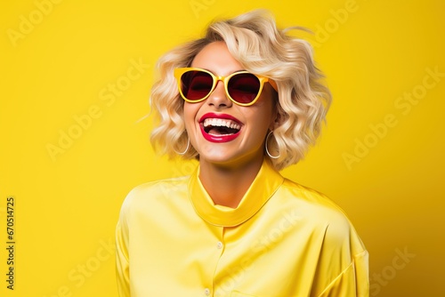 Blond young happy woman laughing wearing 80s fashion in Stylish woman posing as supermodel on yellow background