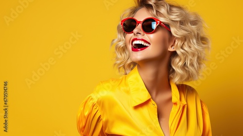 Blond young happy woman laughing wearing 80s fashion in Stylish woman posing as supermodel on yellow background © LaxmiOwl