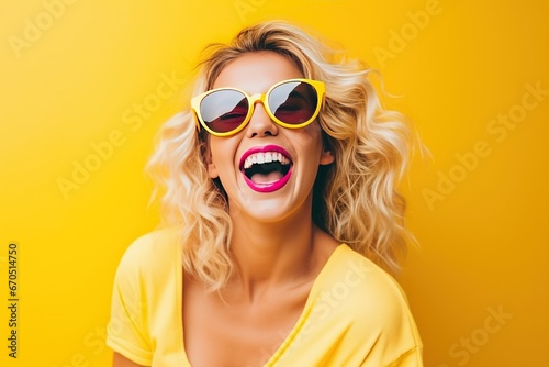Blond young happy woman laughing wearing 80s fashion in Stylish woman posing as supermodel on yellow background