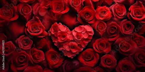Generative AI background in the style of Valentines Day petals of red roses in the shape of a hear
 photo