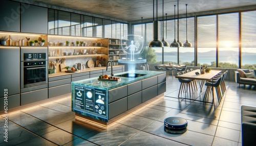 In a futuristic kitchen, a sleek robot vacuum cleaner glides effortlessly across the countertop, while indoor furniture and cabinetry frame a large window that floods the floor with natural light photo
