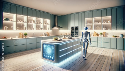 A sleek futuristic robot stands in a designer kitchen, preparing a delicious meal with ease as light filters in through the large window, highlighting the immaculate cabinetry and glossy flooring