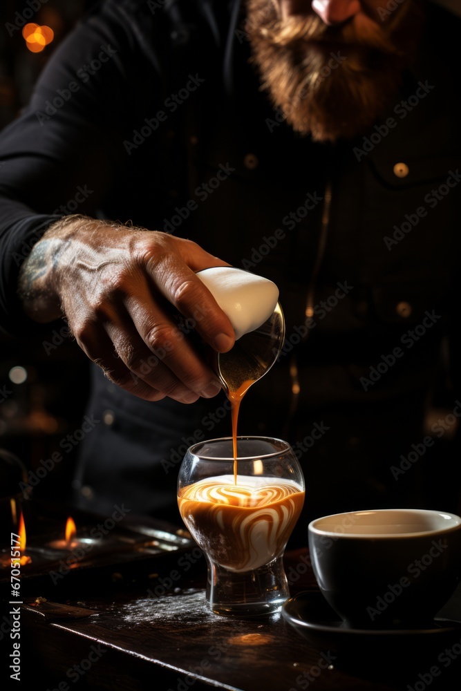Coffee shop's barista pouring a cappuccino with precision, Generative AI