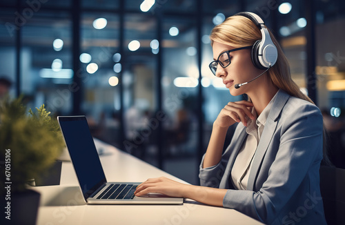 Attractive young woman sitting and working as call center customer support agent on laptop using headset with microphone.