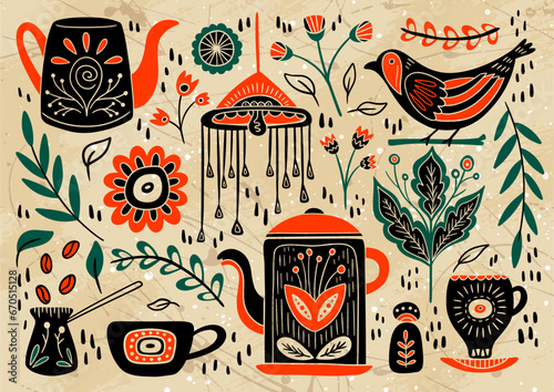 A set of vintage elements. Folk composition, including pots, coffee, tea, beans, bird, abstract flowers and leaves. Organic abstraction of folk-inspired motifs. Rustic style of vector illustration. 