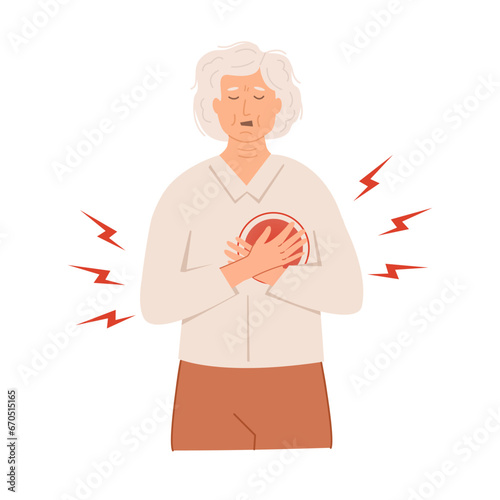 An elderly woman with heart attack symptoms. A person with hands on his chest experiencing cardiac distress. Medical patient having stroke. Vector illustration isolated on white background.