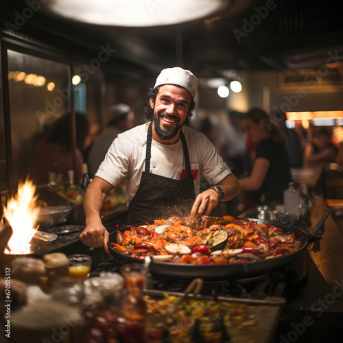 Chef in a white chef's hat prepares a typical Spanish seafood paella in a paella pan, ai generated © David Brown