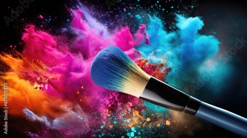 Makeup brush in a colorful powder explosion. Beauty and cosmetics concept background with free place for text photo
