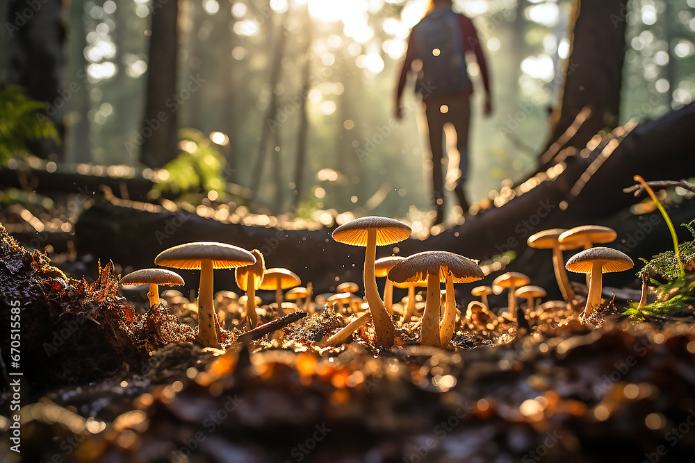 Mann geht spazieren im Wald, im Vordergrund Pilze von der Sonne beleuchtet - obrazy, fototapety, plakaty 
