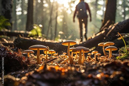 Mann geht spazieren im Wald, im Vordergrund Pilze von der Sonne beleuchtet