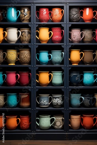 Coffee shop's colorful coffee cup collection on display, Generative AI