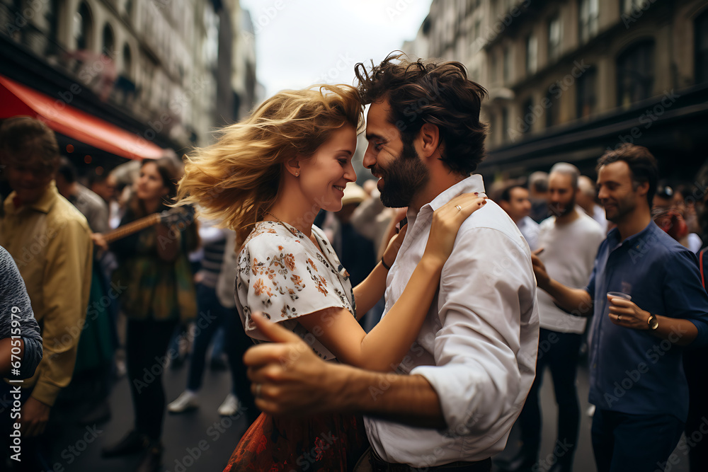 Couple having a good time arms in arms in the middle of a crowded street in the city,  motion blurred background