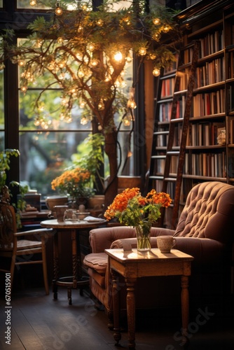 Coffee shop s cozy corner with bookshelves and soft lighting  Generative AI 