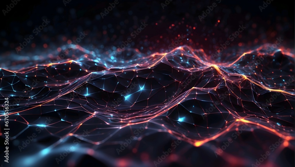 Digital background with glowing particles and lines. Big data visualization. Illustration for cover brochure or presentation - obrazy, fototapety, plakaty 