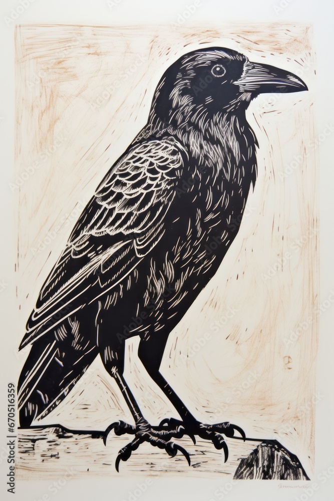 Fototapeta premium Black raven, engraving, black and white drawing