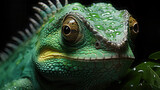 Detailed Green chameleon close up isolated on black background.