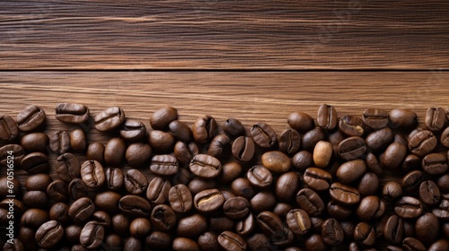 Coffee beans spread on a rustic wooden table