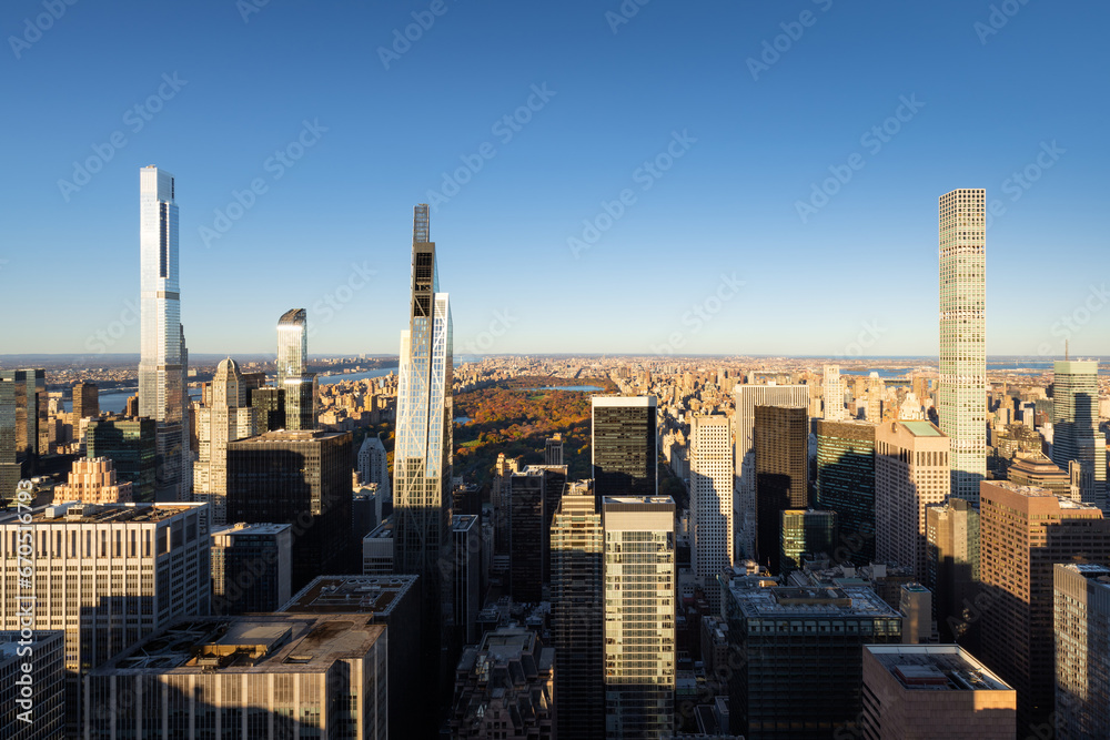 Aerial view of the Billionaires Row supertall skyscrapers of Midtown Manhattan. New York City