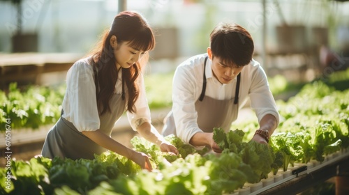 asian male and female picking fresh lettuce salad at greenhouse