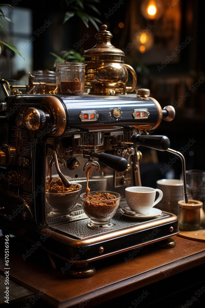 Coffee shop's vintage espresso machine in action, Generative AI