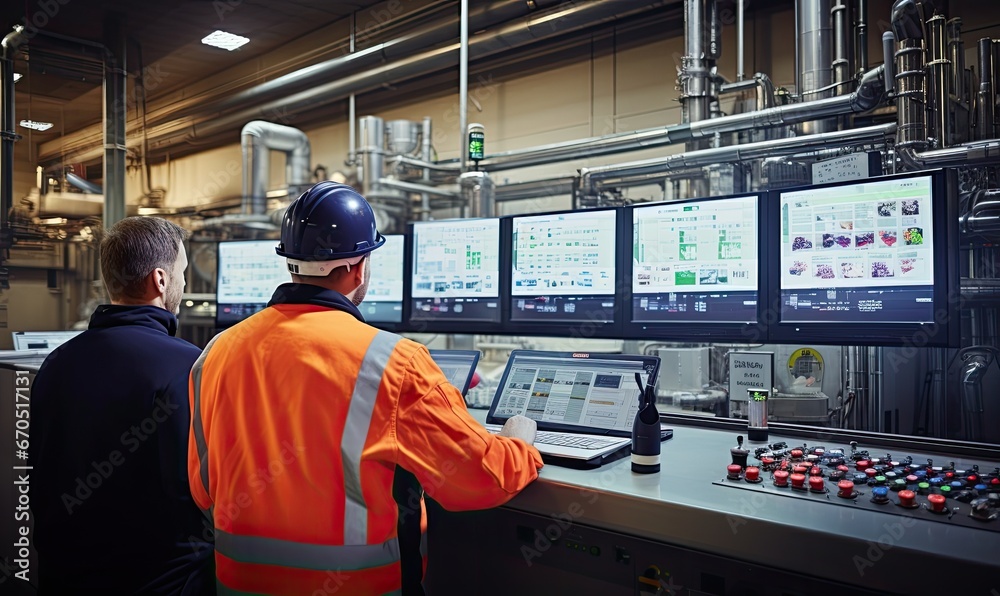 Two Men Operating an Advanced Control Panel with Precision and Focus Two Men Operating an Advanced Control Panel with Precision and Focus