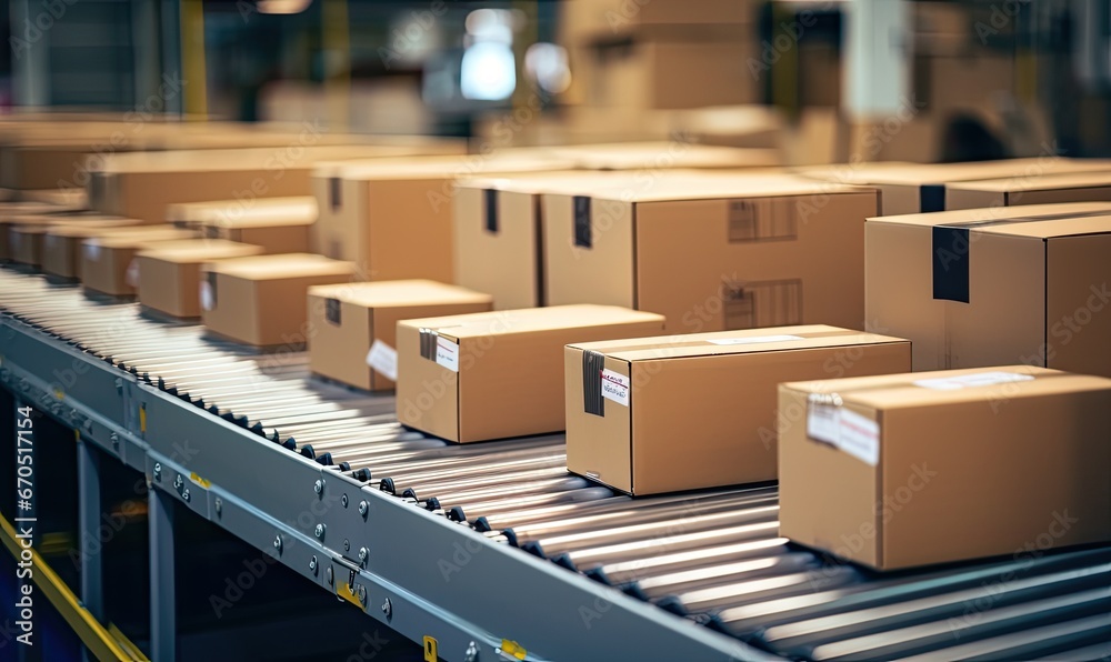 Boxes Moving Along a Conveyor Belt in a Busy Warehouse Boxes Moving Along a Conveyor Belt in a Busy Warehouse