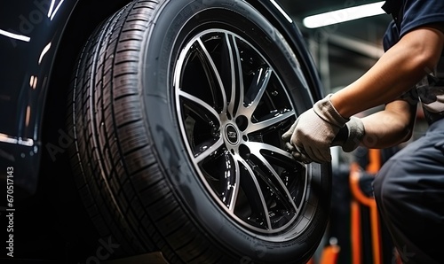 Man Repairing a Tire in a Well-Equipped Garage © uhdenis