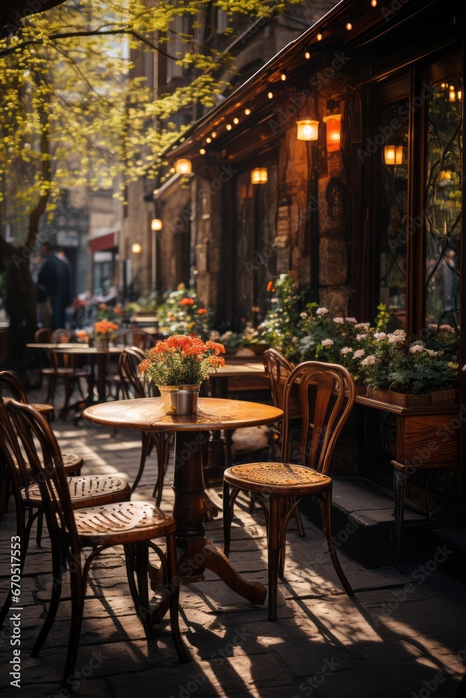 Coffee shop's inviting outdoor seating area, Generative AI