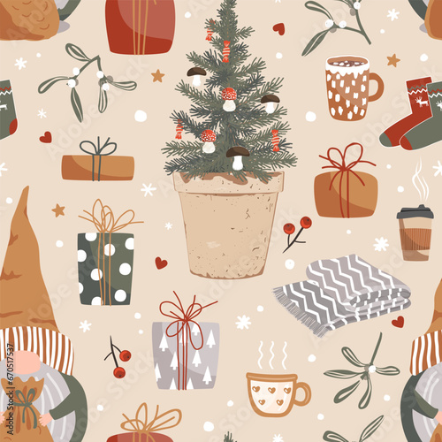 Seamless pattern. A cozy winter ornament with mistletoe, mugs, cups of tea, Christmas tree branches, snowflakes, New Year sweets, socks, and presents. Vector graphics.