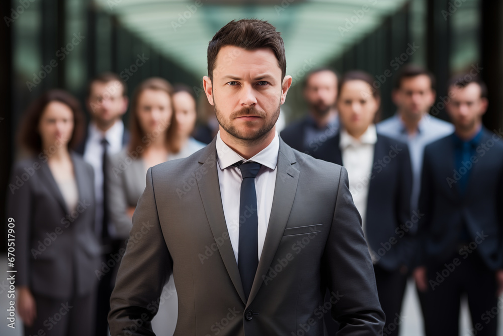 Confident businessman leading a diverse team of coworkers in office with successful businessman looking at camera and colleagues standing behind him on background.