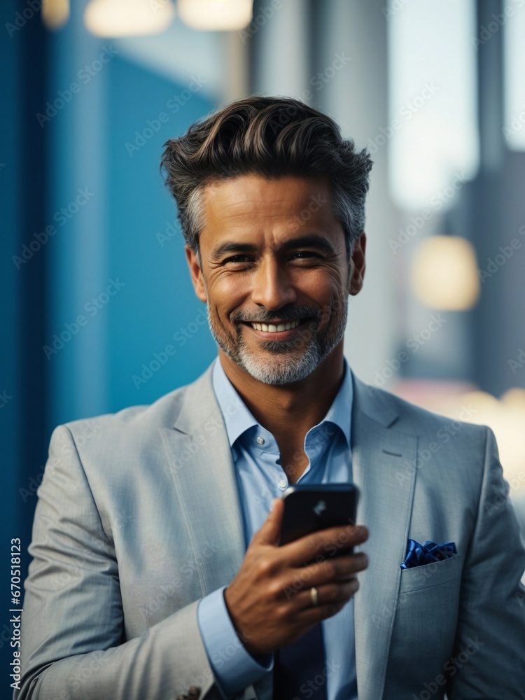 A confident businessman, with a satisfied smile, uses his smartphone A confident businessman, with a satisfied smile, uses his smartphone