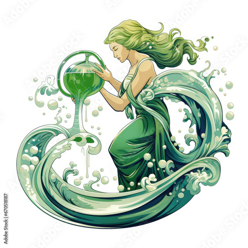 Green watercolor Aquarius Zodiac sign on white background