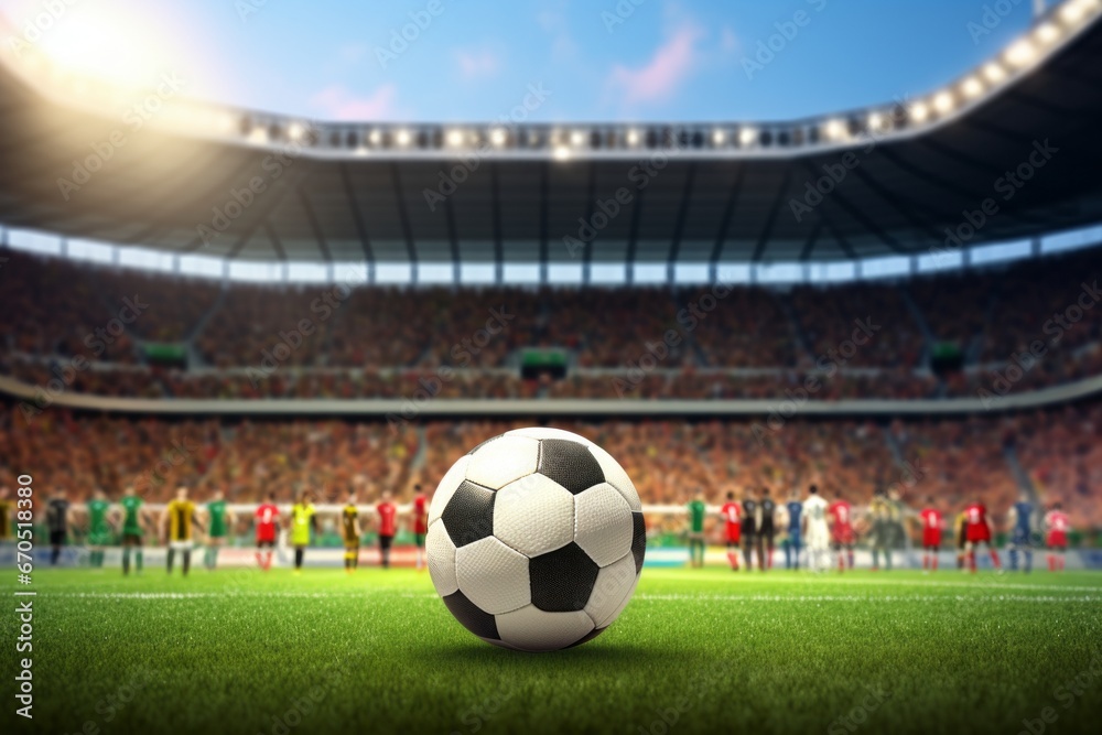 Fototapeta premium Soccer ball on the field with the stands full of people.