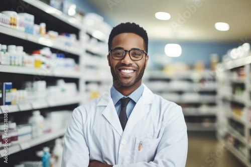 Portrait of smiling african american pharmacist standing in drugstore