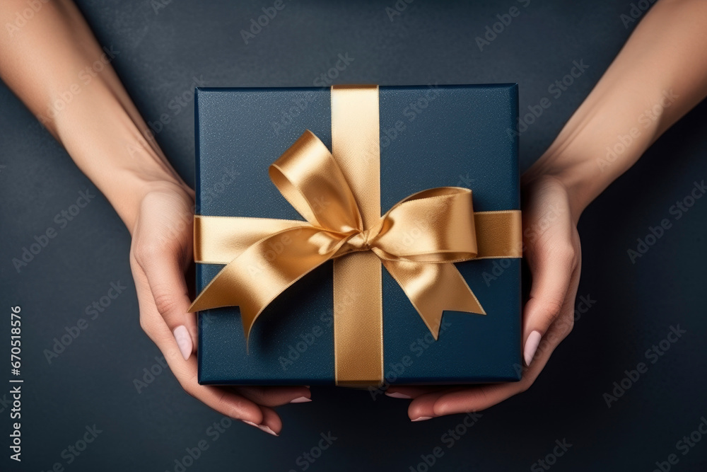 overhead view, womans hands holding a luxury gift box with gold large satin bow against a dark blue background. Close up. New Year present. - obrazy, fototapety, plakaty 