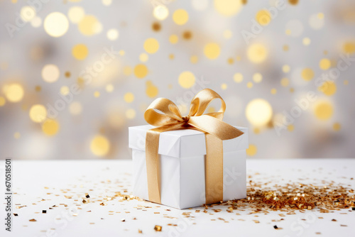 A luxury white gift box present wrapped with gold ribbon and golden glitter on light background, Christmas birthdays anniversaries. © saquizeta