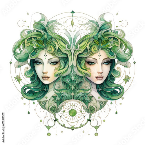 Green watercolor Gemini Zodiac on white background