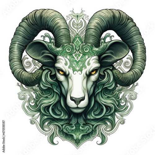 Green watercolor Aries Zodiac on white background