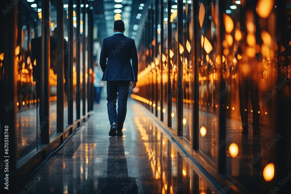A businessman walking along a corridor within an office building, with the background intentionally blurred, emphasizing his presence within the corporate environment. Photorealistic illustration