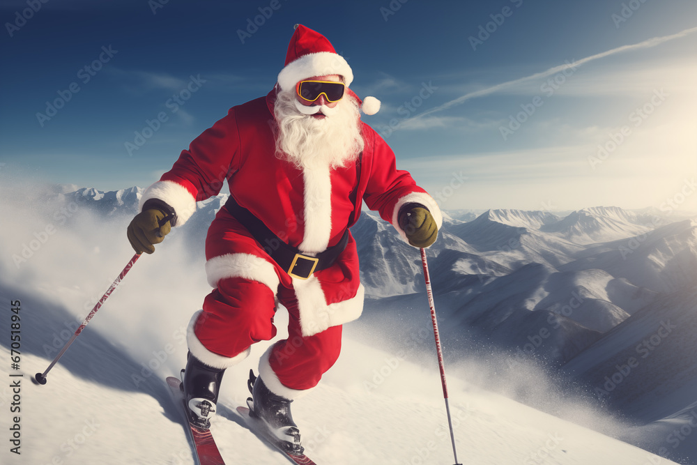 Un Père Noël skiant dans un paysage de haute montagne, situation amusante, drôle et humoristique. Un Père Noël skiant dans un paysage de haute montagne, situation amusante, drôle et humoristique.